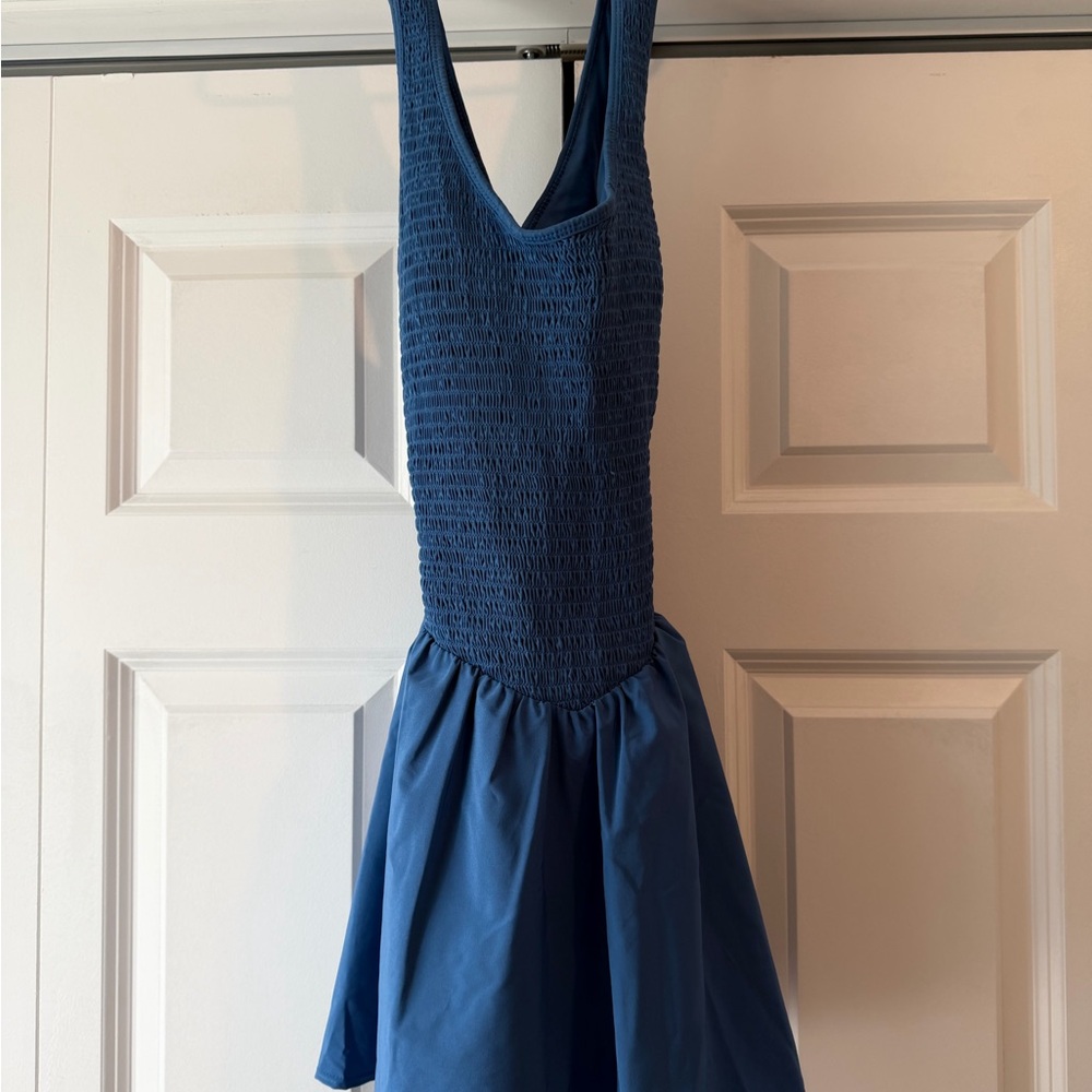 Blue Smocked Bodice Fit-and-Flare Dress